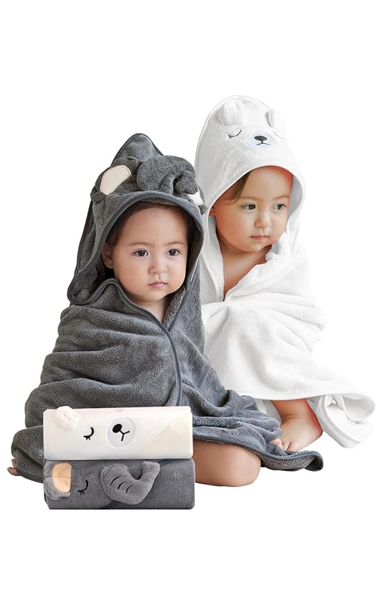 Baby Bath Towel,2 Pack Hooded Babie Towels for Newborn,Infant,Toddler,Ultra Absorbent Soft (White Bear+Elephant)