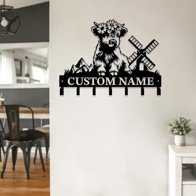 Personalized Highland Cow Metal Keys Hooks,Custom Name Metal Highland Cow Keys Hooks,Black Metal Highland Cow Wall Home Storage Decorative Keys Hooks,Key Holder Hooks for Wall (Style E)