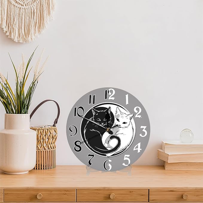 Ying Yang Tai Chi Cat Wall Clock Battery Operated 10 in Round Wall Clocks Slilent Non Ticking Quartz Analog Clock for Bedroom Kids Living Room Classroom Decor
