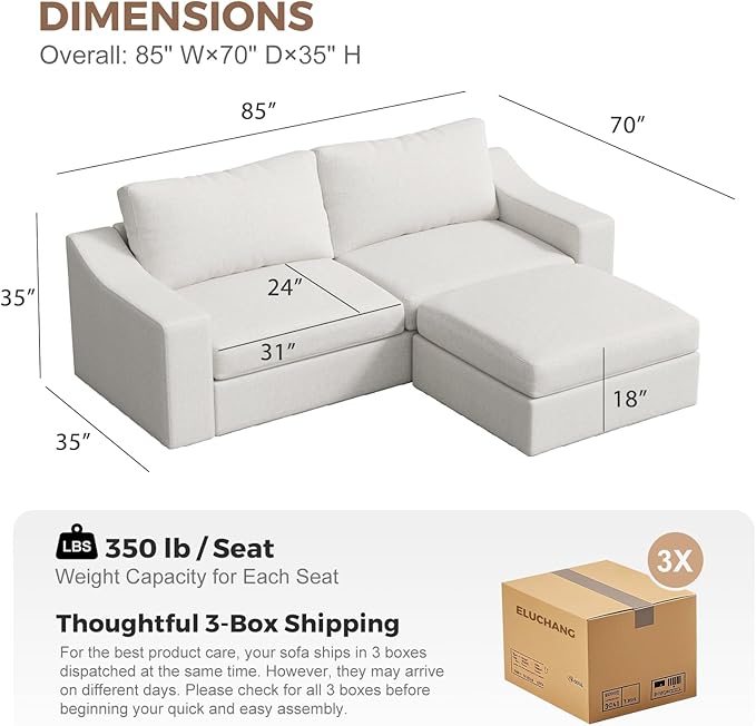 ABCASA L Shaped Sofa Couch with Wide Armrest for Living Room,Removable Cushion Cover, Modern Premium Linen 3 Seater Sofas for Small Space, Office, Apartment, Ivory