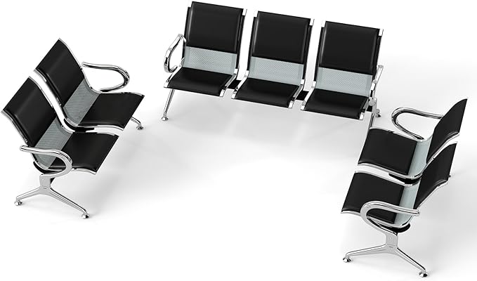 Kinfant 7-Seat Waiting Room Chairs Set - 3 Pieces PU Leather Office Guest Reception Chair Furniture Bench with Armrest for Waiting Area, Airport, Hospital, Bank, Salon, Barbershop, Black
