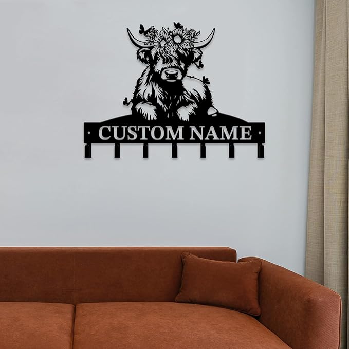 Personalized Highland Cow Metal Keys Hooks,Custom Name Metal Highland Cow Keys Hooks,Black Metal Highland Cow Wall Home Storage Decorative Keys Hooks,Key Holder Hooks for Wall (Style F)
