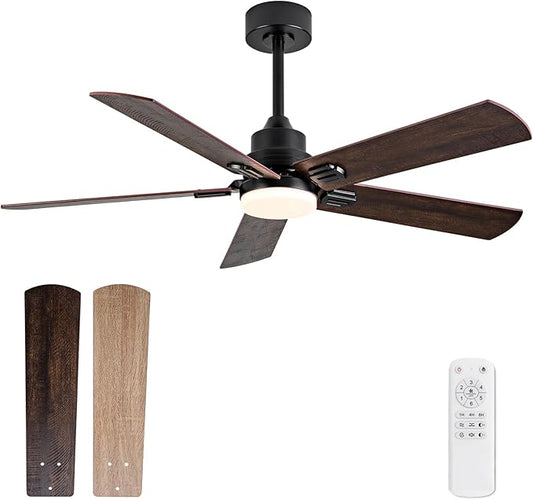 52 Inch Black Outdoor Ceiling Fans with Lights and Remote, Dimmable 5 Blade Outdoor Ceiling Fans for Patios, Black Ceiling Fan with Light for Bedroom Indoor Living Room