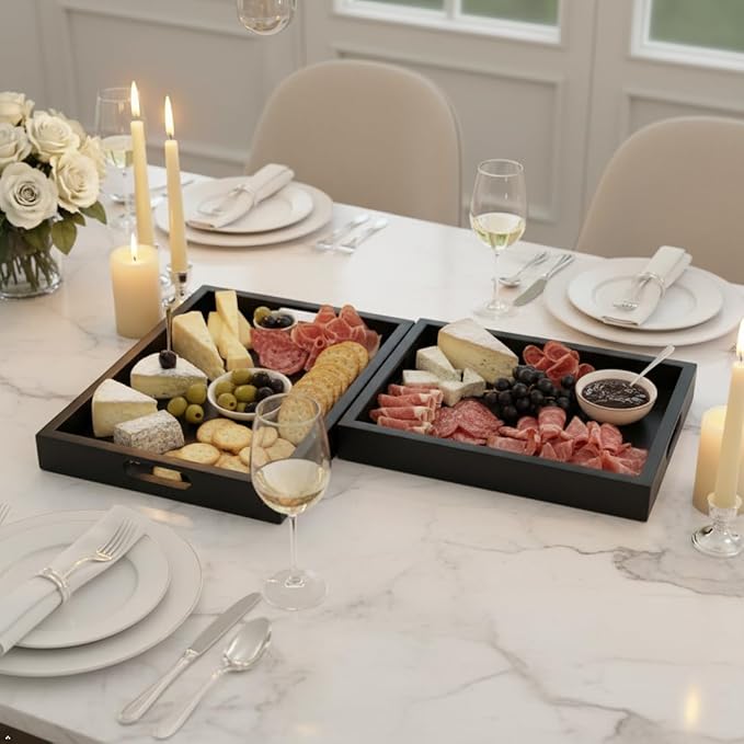 Black Acacia Wooden Rectangular Serving Tray with Handles, Set of 2 (15"x11"), Large Tray for Ottoman, Breakfast in Bed, Dinner, Coffee Table Decor & Kitchen