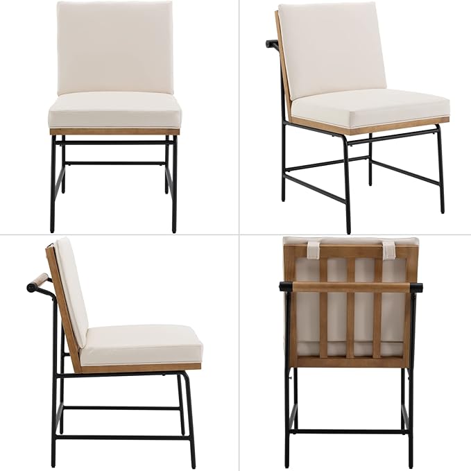 Modern Dining Chairs Set of 2, Comfy PU Leather Armless Side Chairs with Backrest Wooden Upholstered Seat Black Metal Legs for Dining Room Living Room, Beige