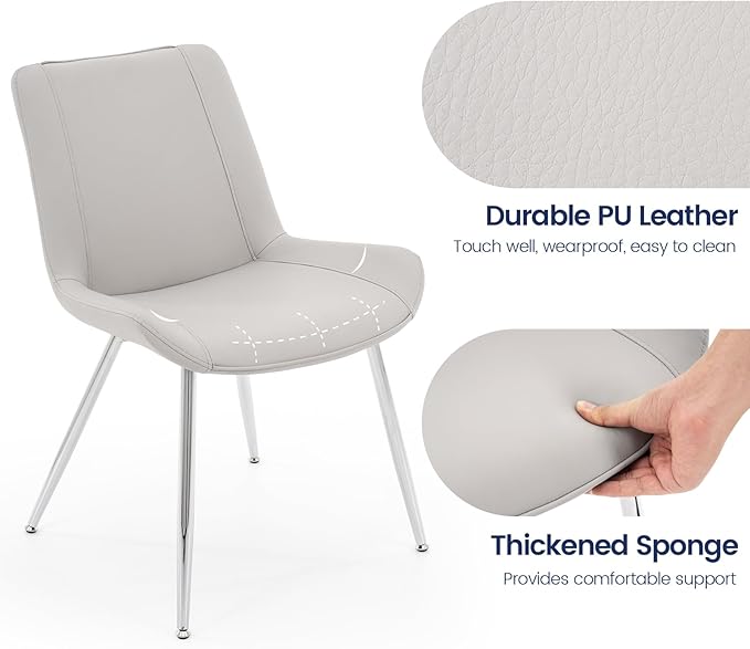 Brage Living Dining Chairs Set of 2, PU Leather Modern Armless Kitchen Dining Room Chairs, Upholstered Accent Side Chairs with Metal Legs (Light Gray)