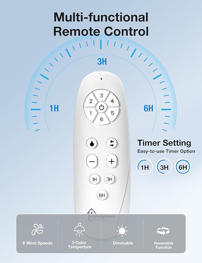 warmiplanet 62 Inch Indoor Ceiling Fans with Lights, 6 Speeds Slient Reversible DC Motor, 3 Color Dimmable LED Light, Timer, Black, 8 Blades