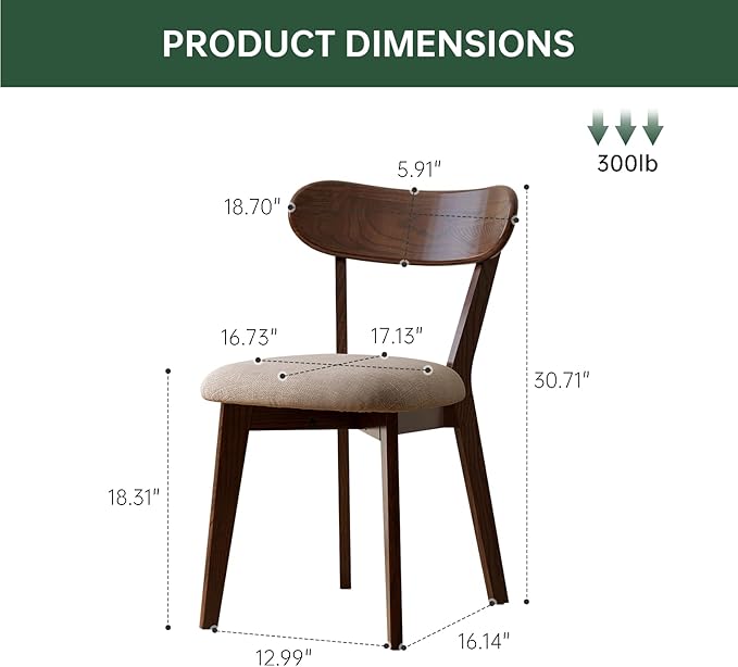 100% Solid Wood Upholstered Dining Chairs, Mid Century Modern Oak Dining Chairs with Curved Back Design with Butterfly Wing Shape for Kitchen, Dining Room, Restaurant (2PK, Walnut Color-Gray Cushion)