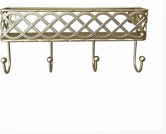 Celtic Knot Key Holder Wall Shelf - Entryway Wall Mounted Organizer with 4 Hooks, Metal Storage for Keys, Wallets, Bags, Hats (Golden)