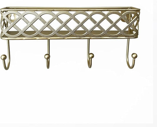 Celtic Knot Key Holder Wall Shelf - Entryway Wall Mounted Organizer with 4 Hooks, Metal Storage for Keys, Wallets, Bags, Hats (Golden)