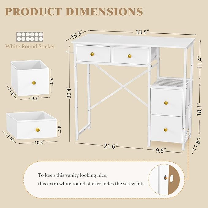 White Vanity Desk Without Mirror, Small Makeup Desk with 4 Fabric Drawers, 33.5 Inches Dressing Table with Storage, Vanity Table for Bedroom with Hook, White