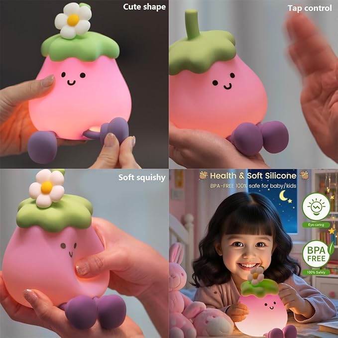 Eggplant Night Light for Adults Kids,Cute Silicone Dimmable Sleeping Decoration Nursery Nightlight,Rechargeable Bedside Touch Table Lamp for Christmas Gifts Kawaii Room Decor