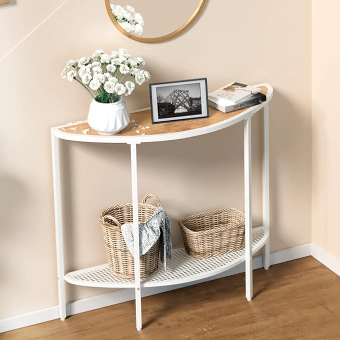 SAYGOER Console Table 2 Tier Narrow Entryway Table with Storage Shelves Half Moon Sofa Couch Table Small Entry Way Tables for Living Bedroom Hallway Office Easy Assembly, Oak White