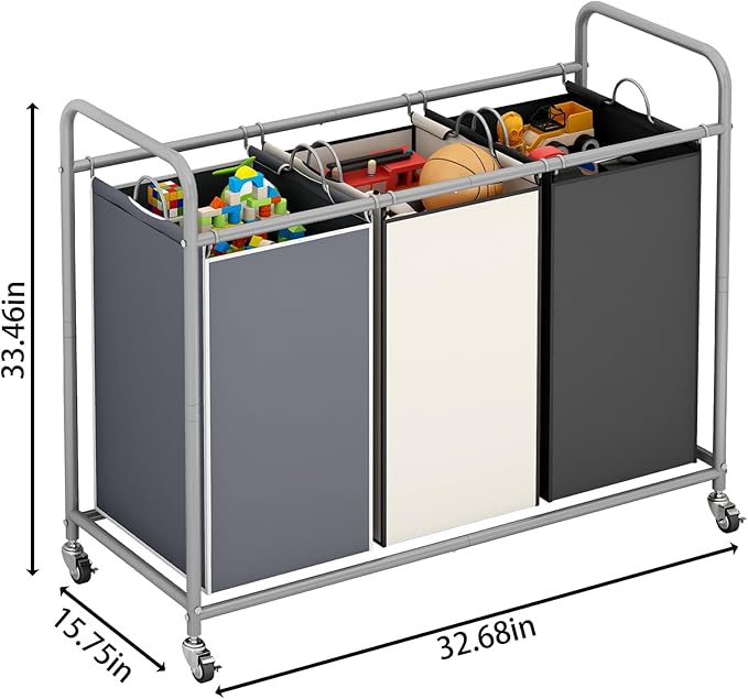 LINZINAR 3-Bag Laundry Basket Sorter Laundry Hamper Cart with Heavy Duty Rolling Lockable Wheels and Removable Bags (Assorted)