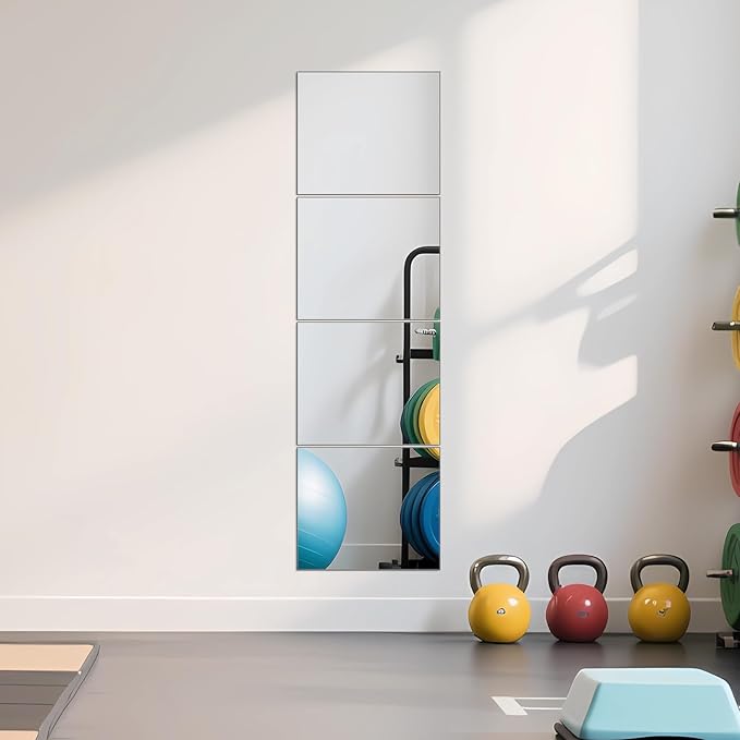 Ruomeng Full Length Mirror Tiles - 14" x 12" x 4Pcs Gym Mirror Frameless Wall Mirror for Home Gym, Door, Bedroom, Living Room