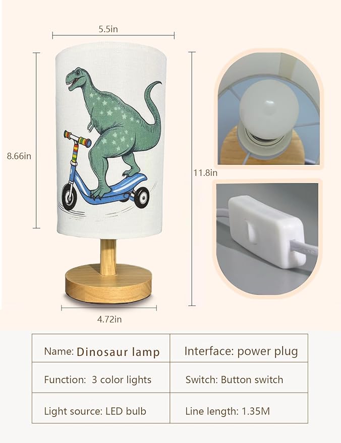 Dinosaur Lamp, Dinosaur Decor Boys Room, 3 Color Night Light Wood Nightstand Desk Base Flaxen Fabric Shade for Bedroom Living Room, Dino Lovers Gifts, LED Bulb Included (Blue Dinosaur)