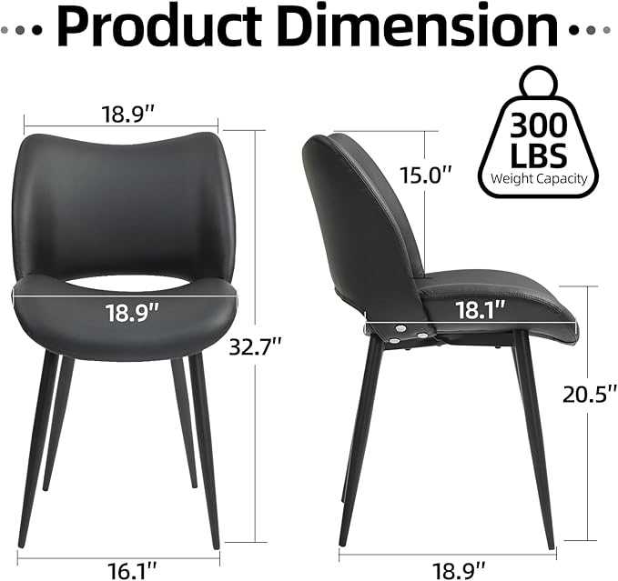 Modern Upholstered Dining Chairs Set of 2 Accent Dinner Chair with Pu Faux Leather and Middle Curved Back for Kitchen Living Room Bedroom (Black)