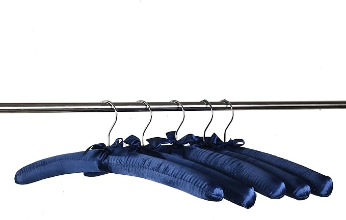 Blue Satin Padded Sweater Hangers 5 Pack, Blouse Hanger with Thick & Soft Foam for Bridal Wedding Dress Lingerie, Smooth Silk Covered Shirt Hanger Without Shoulder Bump