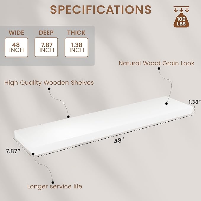 Vivelove Wooden Floating Shelves for Wall 48” x 8”x 1.4”, Solid Wood Shelf with Invisible Brackets, Deep Wall Shelves for Bathroom, LivingRoom, Kitchen, Bedroom, Modern Home Decor, Set of 1 - White