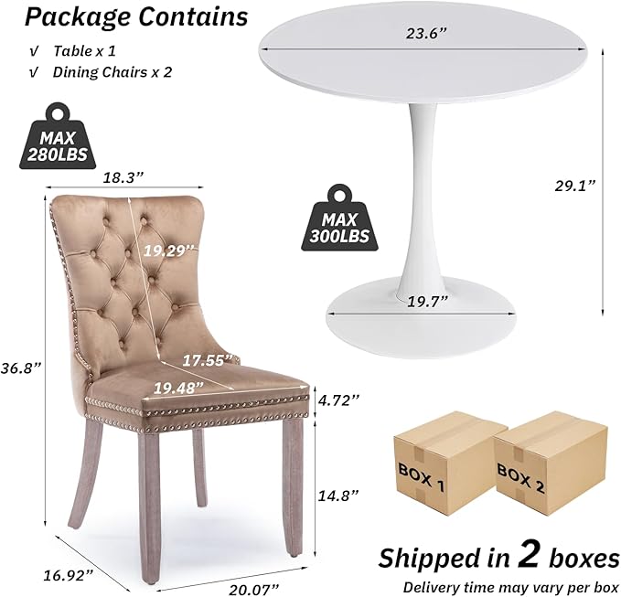 SoarFlash Kitchen Table and Chairs for 2, 24" Dining Table Set for 2 with Velvet Upholstered Chairs, 3 Piece Round Kitchen Table Set, Dining Room Table Set for Small Space, Apartment