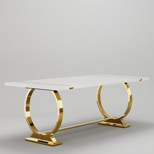 Asday Modern Large Dining Table, 80 Inch White and Gold Dining Table Unique Kitchen & Dining Room Table for 6-8, with White Tabletop and U Shape Stainless Steel Base