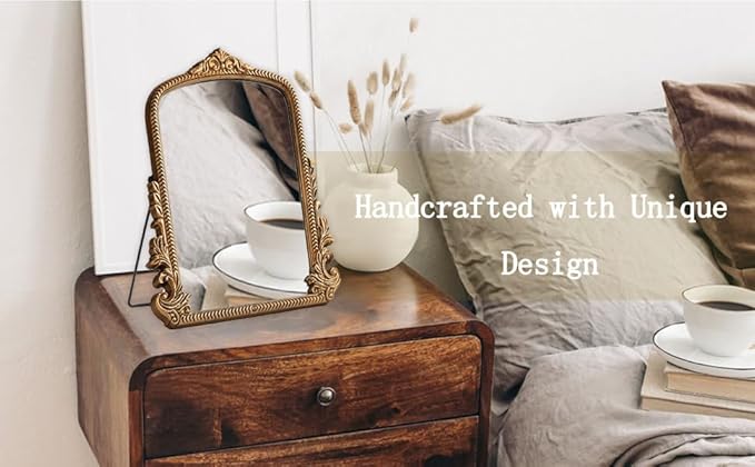 Small Antique Gold Arched Table Mirror - Vintage Vanity Makeup Mirror, Traditional Baroque Style Decor for Bedroom, Living Room, Tabletop 11.8" x 9.6"