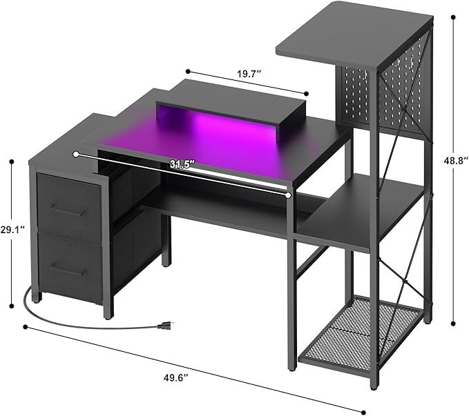 Small Gaming Desk with 2 Fabric Drawers - Reversible Computer Desk with Power Outlet & LED Lights, 49" Office Desk with Monitor Stand & Storage Shelves, Writing Study Table with Pegboard, Black