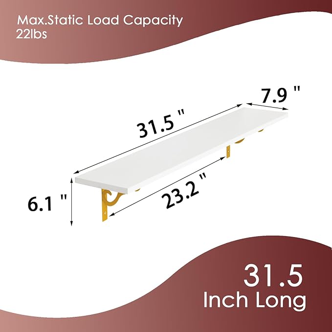 DINZI LVJ Long Wall Shelves, 31.5" Large Floating Shelves Set of 4, Farmhouse Display Shelf Wall Mounted with Heavy Duty Bracket, Easy Assembly for Kitchen, Bathroom, Bedroom, Balcony, White and Gold