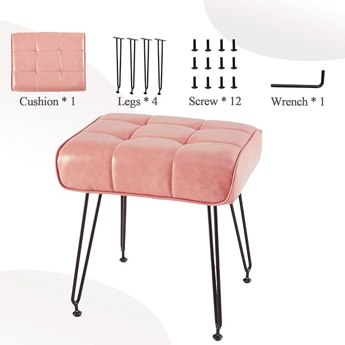 PU Leather Vanity Stools, Vanity Stool Chairs for Makeup Faux Leather Foot Stools Ottoman with Metal Leg Make up Chairs for Vanity Small Bench Seat for Living Room Bedroom (Pink)
