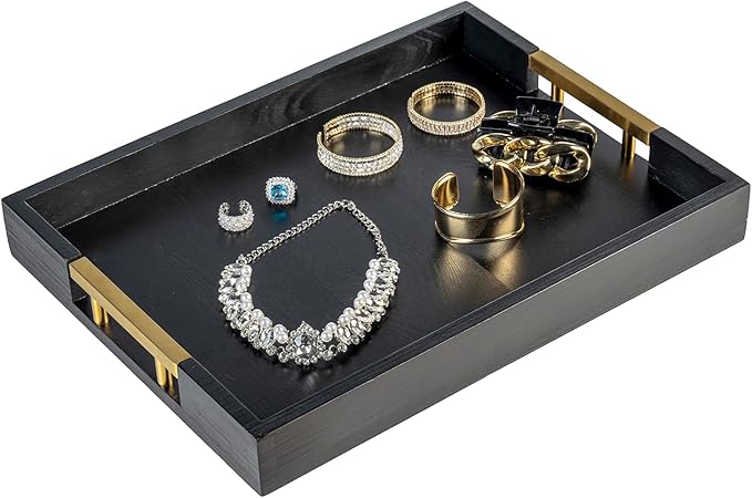 MyGift 15.5 Inch Decorative Ottoman Tray, Designer Vintage Black Solid Wood Serving Platter with Gold Tone Metal Handles, Coffee Table Kitchen Home Decor