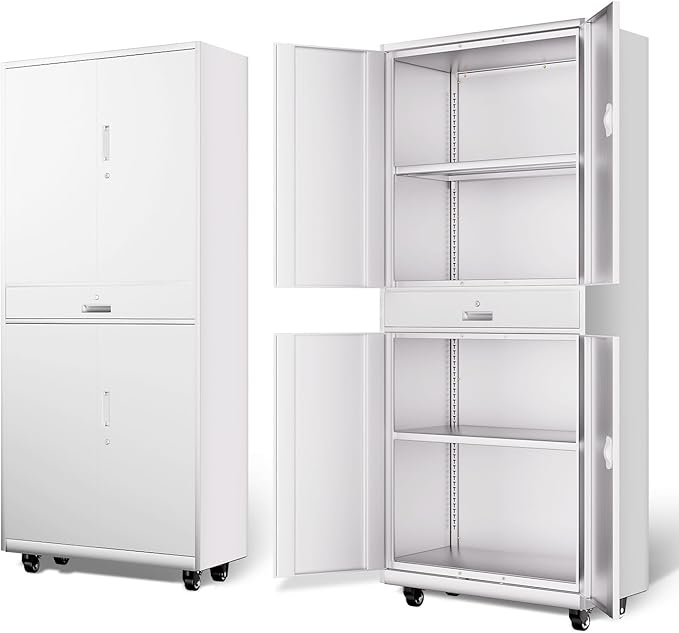 DNA Motoring 73'' Metal Storage Cabinet, Rolling Garage Cabinet with 1 Drawer and Adjustable Shelves, Lockable Heavy Duty Metal Locker for Garage,Office,Home,White, TOOLS-00630-WH-WH-A