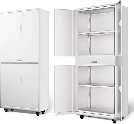 DNA Motoring 73'' Metal Storage Cabinet, Rolling Garage Cabinet with 1 Drawer and Adjustable Shelves, Lockable Heavy Duty Metal Locker for Garage,Office,Home,White, TOOLS-00630-WH-WH-A