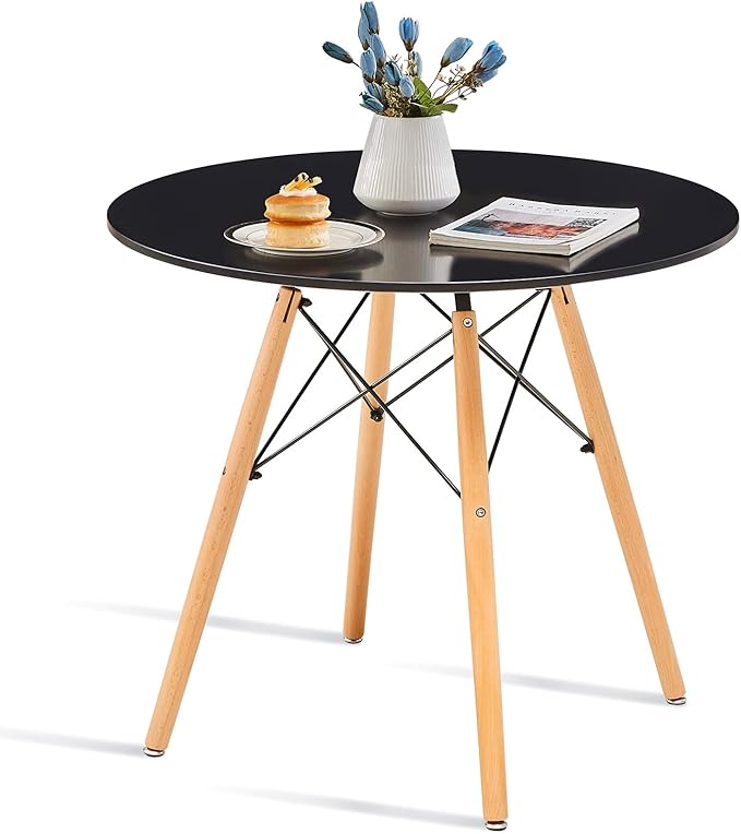 31.5 Inch Small Round Dining Table for 4 People Kitchen Home Modern Leisure Wood Legs Table Black