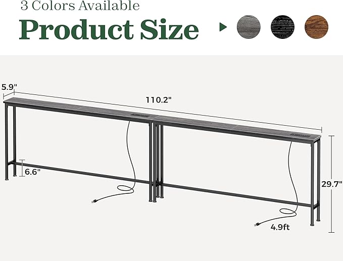 SUPERJARE 110.2 Inch Sofa Table with Power Outlets and USB-C Ports, 5.9 Inch Narrow Console Tables, Entryway Hallway Couch Tables with Storage, Behind Sofa, Small Spaces, Living Room, Grey