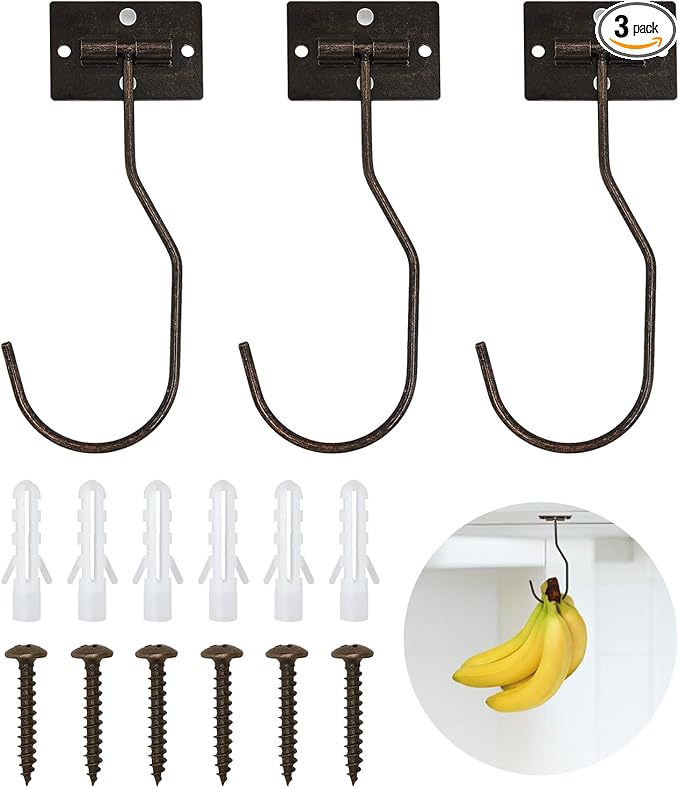 Banana Hanger Hook – Space Saving Banana Holder Hanger to Keep Bananas Fresh, Self Adhesive and Screw Banana Hook 3Pack Copper