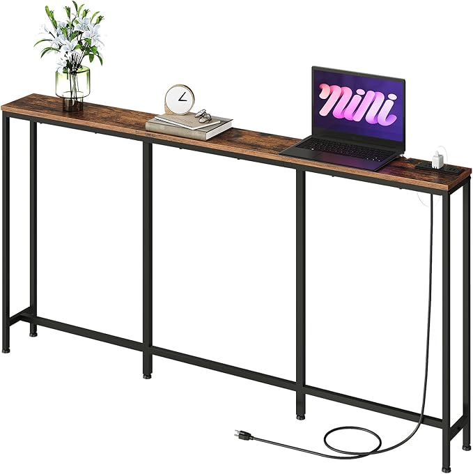 62.99" Narrow Console Table with Power Outlet 7.1" Skinny Sofa Long Behind Couch Table with Charging Station for Hallway, Living Room Rustic Brown and Black TXG16UBF