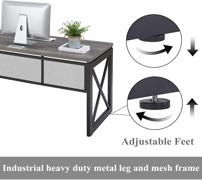 BON AUGURE Industrial Computer Desk, Rustic Wood Desks for Home Office, Sturdy Metal Writing Work Table (60 Inch, Dark Grey Oak)