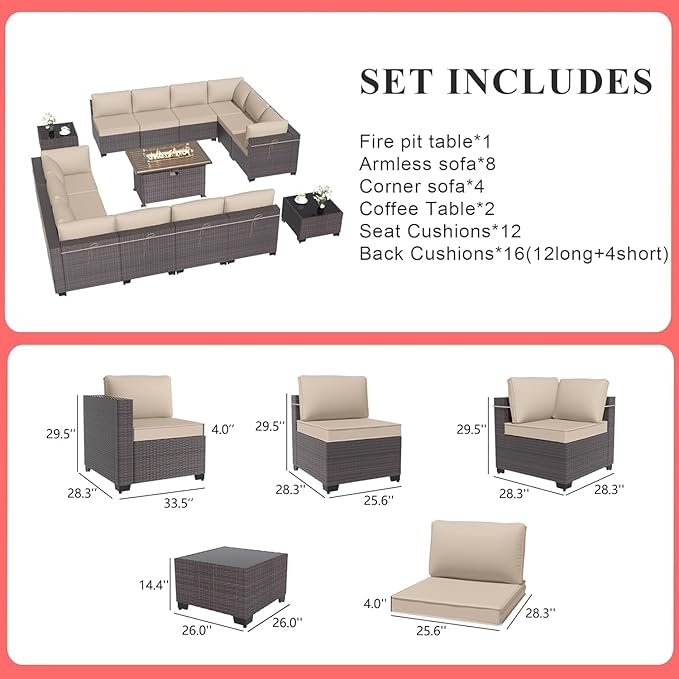 Gotland 15 Pieces Patio Furniture Set with Fire Pit Table, All Weather Rattan Outdoor Furniture with 29.5'' High Backrest 4’’ Thick Cushions Coffee Table, Patio Set for Porch, Deck, Backyard, Khaki