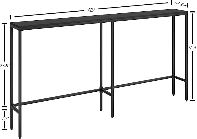 63" Console Table,Modern Narrow Long Sofa Table Behind Couch,Skinny Entry Table with Black Metal Frame for Living Room, Hallway,Classic Black