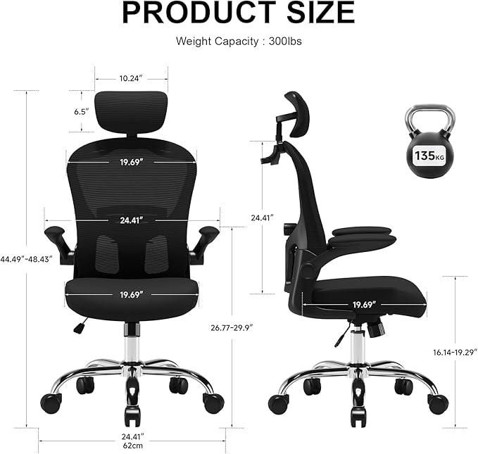 Ergonomic Office Chair High Back with Adjustable Lumbar Support, Mesh Computer Chair with Headrest and Flip-Up Arms for Executive, 90-120° Tilt Lock Swivel Rolling Task Chairs(Black)