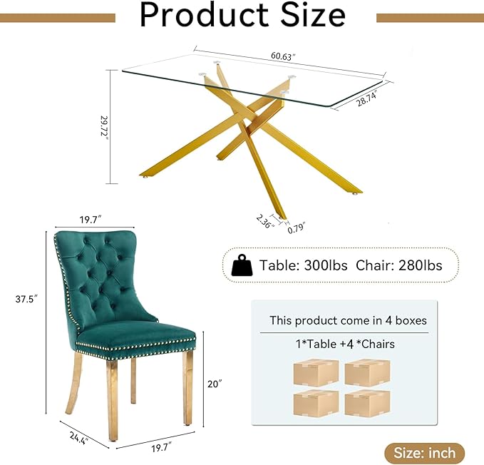 Goujxcy Glass Dining Table Set for 4, Modern Kitchen Table and Chairs Set of 4, 5-Piece Kitchen Dining Room Table Set w/61 Glass Gold Dining Table and 4 Green Velvet Upholstered Chairs