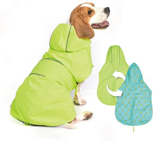 Dog Raincoat Reversible, Single Side Slicker Poncho Adjustable Waterproof Dog Rain Jacket with Leash Hole/Reflective Stripe Hooded Snowproof Windproof Clothes for Medium to 2X-Large Dogs, 2XL