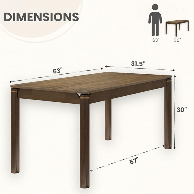 63" Dining Table for 4-6 People, Modern Farmhouse Rectangular Kitchen Table with Solid Wood Legs & Gold Trim, Large Long Dining Room Table for Living Room, Walnut