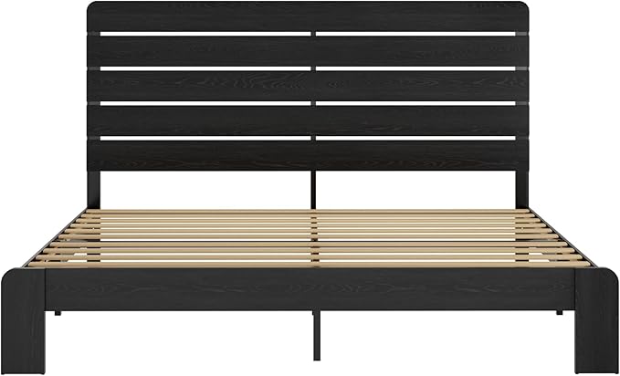 King Size Bed Frame with Wooden Headboard and Footboard, Rustic Platform Bedframe, Wood Slats Support, No Box Spring Needed, Under Bed Storage, Easy Assembly, Black