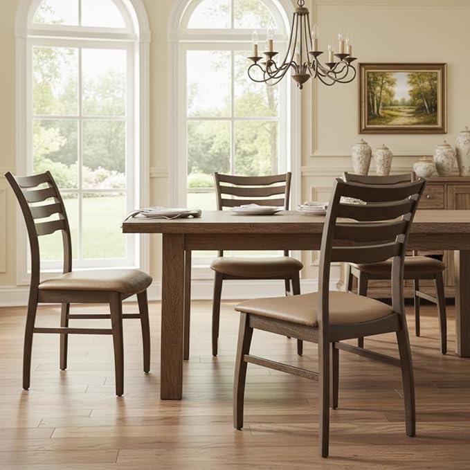 DUOMAY Farmhouse Dining Chairs Set of 4, PU Brown Upholstered Side Chairs Solid Wood Ladder Back Kitchen Chairs for Home Dining Room, Walnut Frame