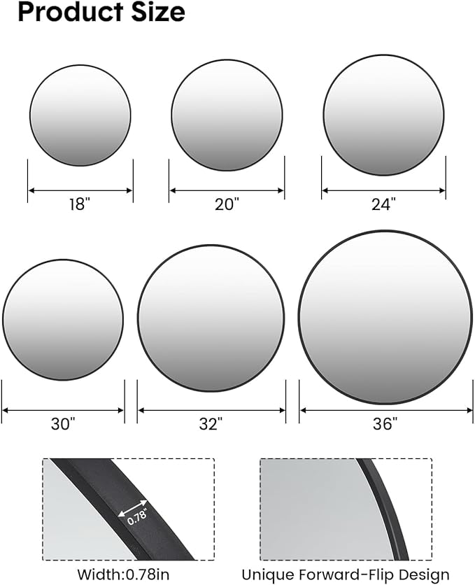 32 Inch Black Circle Wall Mirror, Modern Round Metal Framed Mirror for Bathroom, Entryway, Living Room, Bedroom, Dining Room, Hallway, Decorative Home Décor, Easy Mount