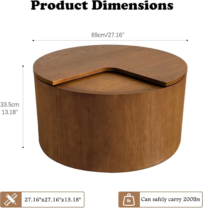 27.16" Round Coffee Table with Storage Modern Wooden Coffee Table Circle Accent Center Table for Living Room Small Space Apartment Office (Circle Brown)