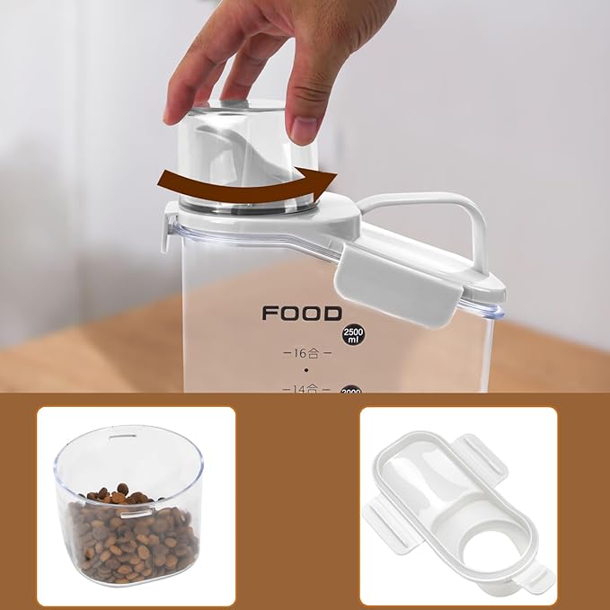 Dog Food Storage Container, Pet Food Container with Airtight Pour Spout, Cat Food Storage Container with Measuring Cups, Portable Pet Food Container for Dogs, Cats, Birds（White）