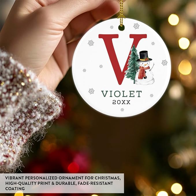 Andaz Press Personalized Ornament, Custom Name, Initial V Monogram Snowman 2.8" Ceramic Porcelain 2025 Christmas Ornament Keepsake for Kids, Boys, Girls, Includes Gold Ribbon & Gift Box, 1-Pack