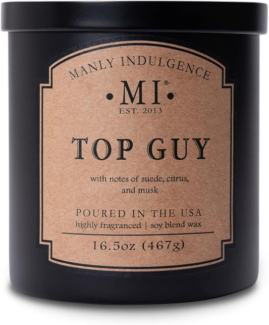 Manly Indulgence Top Guy Scented Candles for Men, 2 Wick, 16.5 oz, Premium Soy Blend Wax, 60H Burn, Candles for Home Scented - Made in The USA